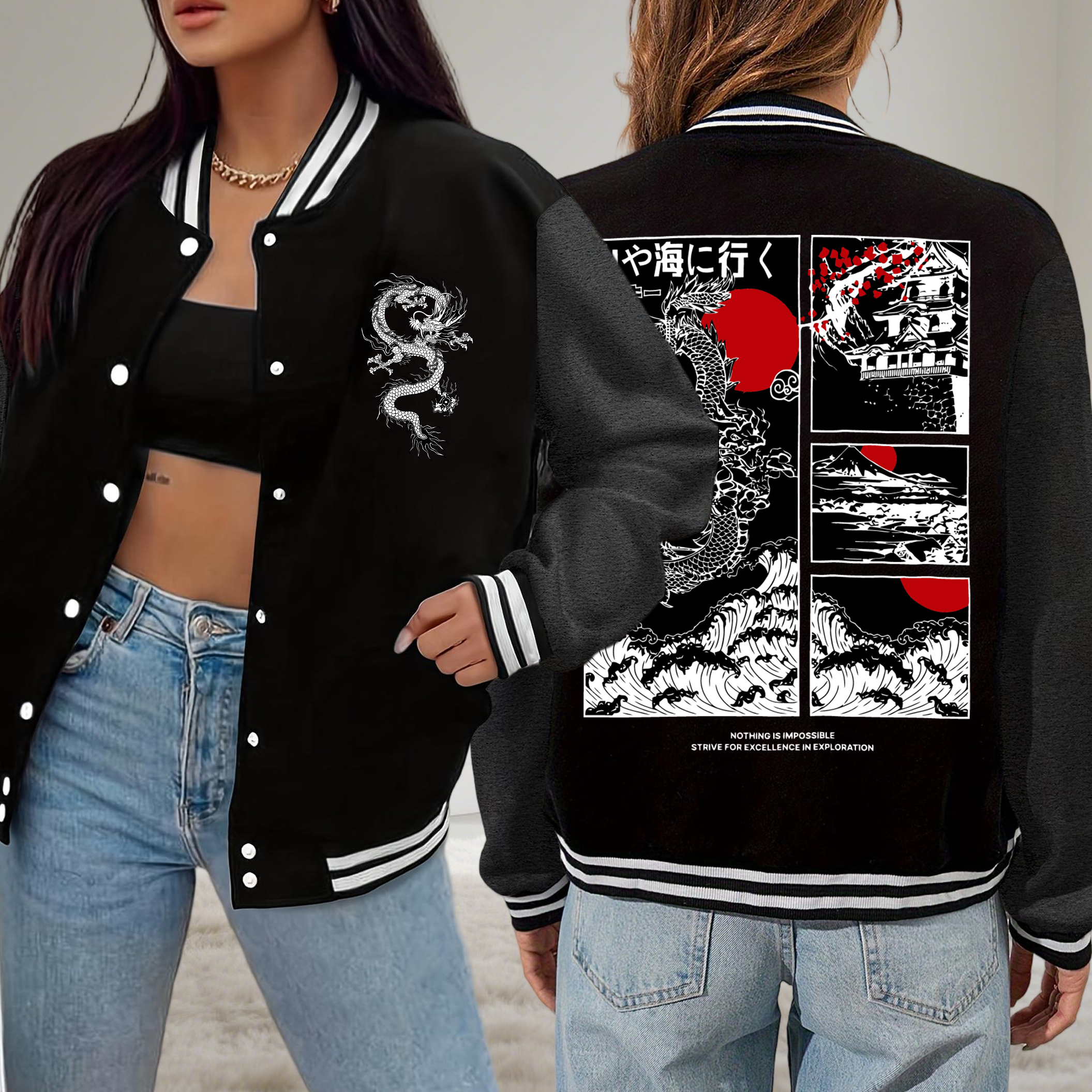 Winter Clothing Design - Harajuku Japan Dragon Cherry Bloom Sea